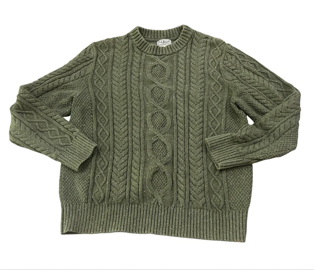 L.L.Bean Green Organic Cotton Cable Knit Fisherman Sweater Speckled Medium -